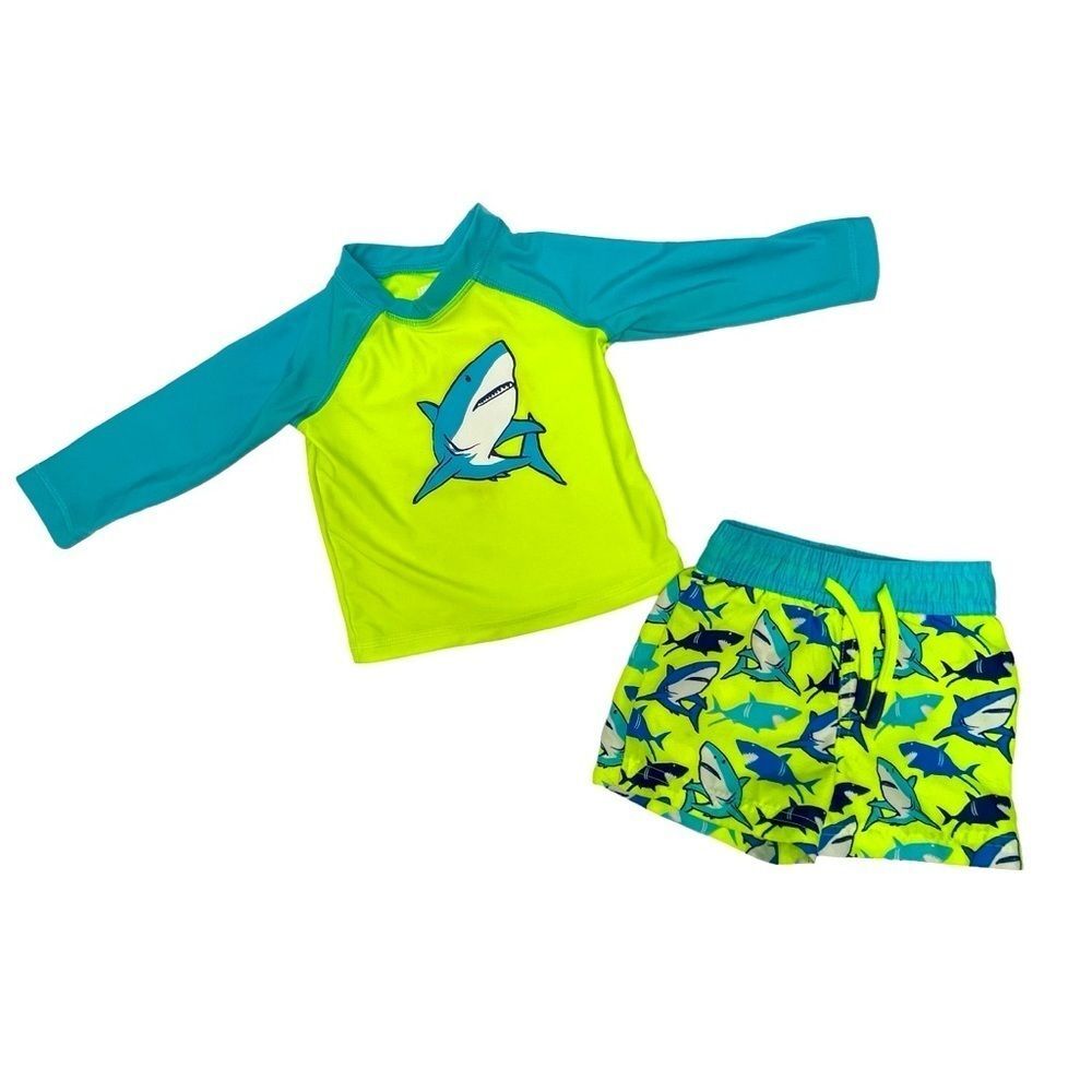 Wave Zone Swimsuit Bright Green/Yellow & Blue 2-Pieces Sharks Baby Boy Size 12M